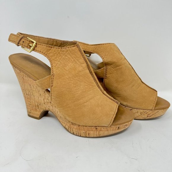 Franco Sarto Shoes - FRANCO SARTO Tan Suede Leather Wedge 5" Heel Open Toe Sandal Size 9.5M